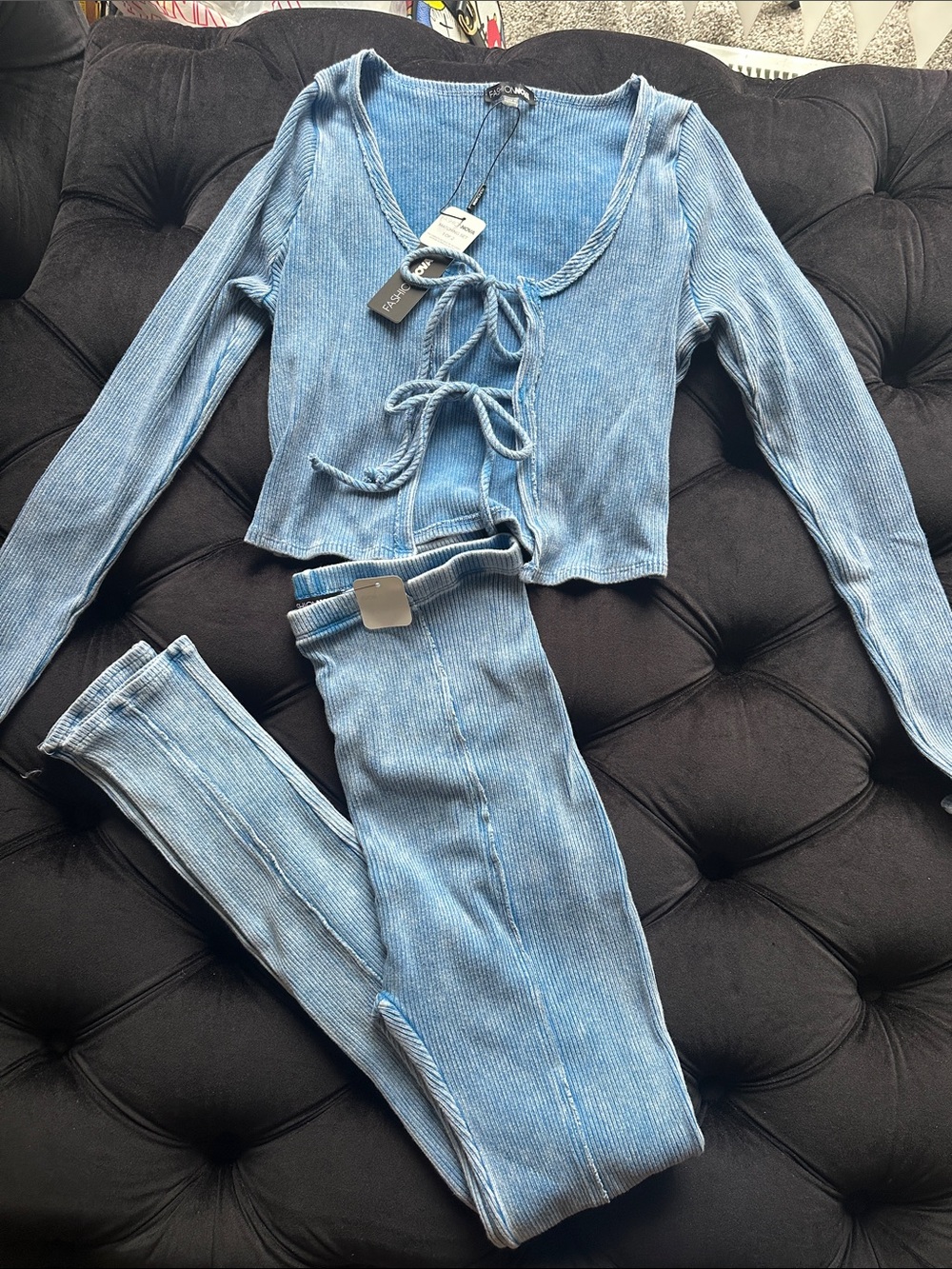 Fashion Nova Light Blue Ribbed Tie-Front Crop Top & High-Waist Leggings Set